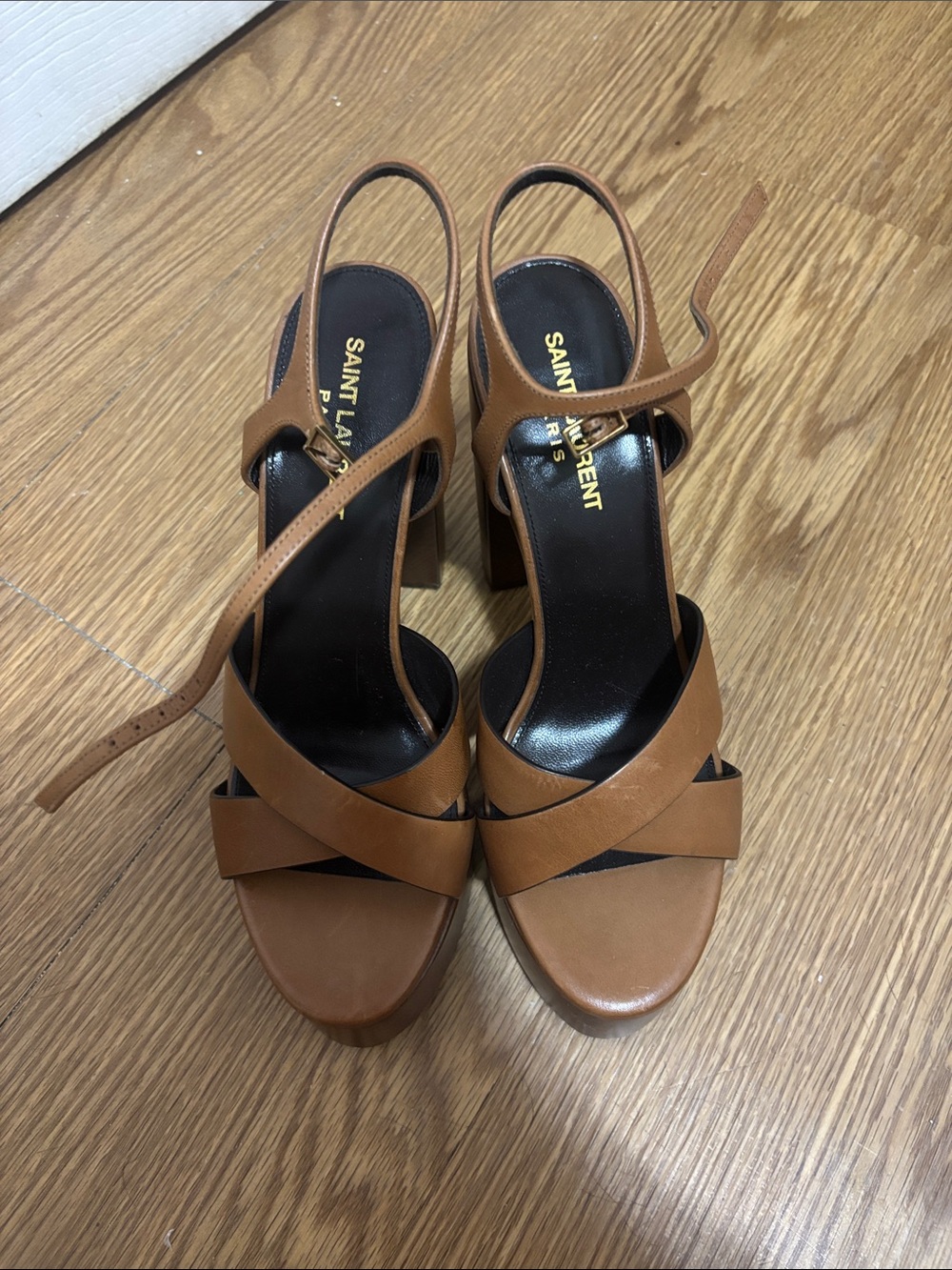 OPEN TO OFFERS - Saint Laurent Tan Leather Crisscross Slingback Heels - Picture 1 of 5